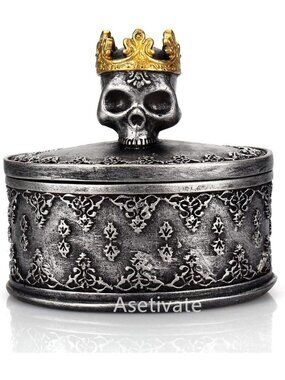 🎃Black Skull Skeleton Head Jewelry Box Vanity Cases Holder Organizer with Crown
